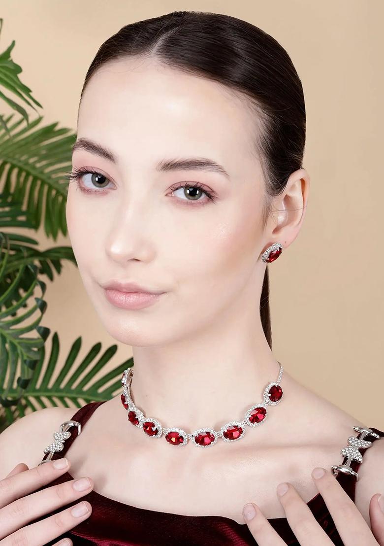 Red 9 Round Stone Ad Necklace Set For Women
