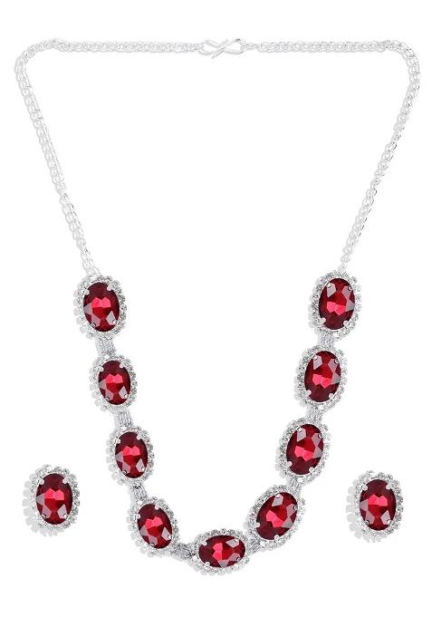 Red 9 Round Stone Ad Necklace Set For Women