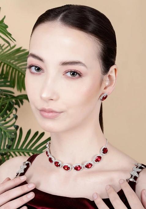 Red 9 Round Stone Ad Necklace Set For Women