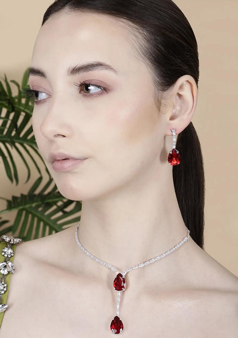 Ad Red Double Drop Pendant Single Line Necklace For Women