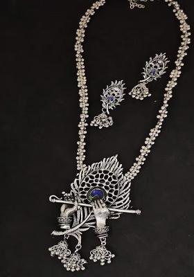 Silver Morpankh Murli Oxidised Necklace With Mirror Bracelet For Women