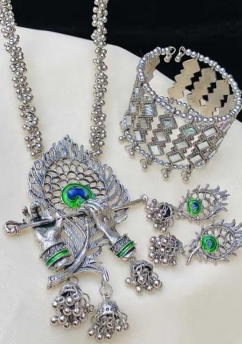 Silver Morpankh Murli Oxidised Necklace With Mirror Bracelet For Women