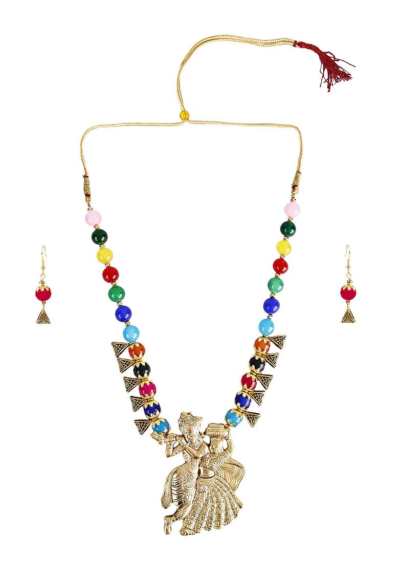 Multi And Triangle Beads Radha Krishna Pendant Necklace For Women