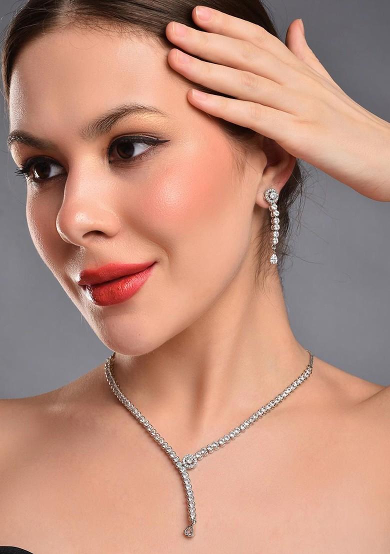 Rhodium Plated Cubic Zirconia Studded Jewellery Set