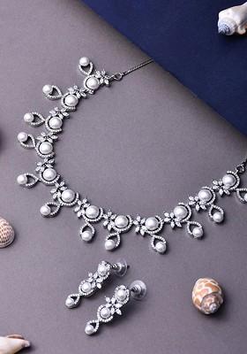 Rhodium Plated Cubic Zirconia Studdedand Pearls Beaded Jewellery Set