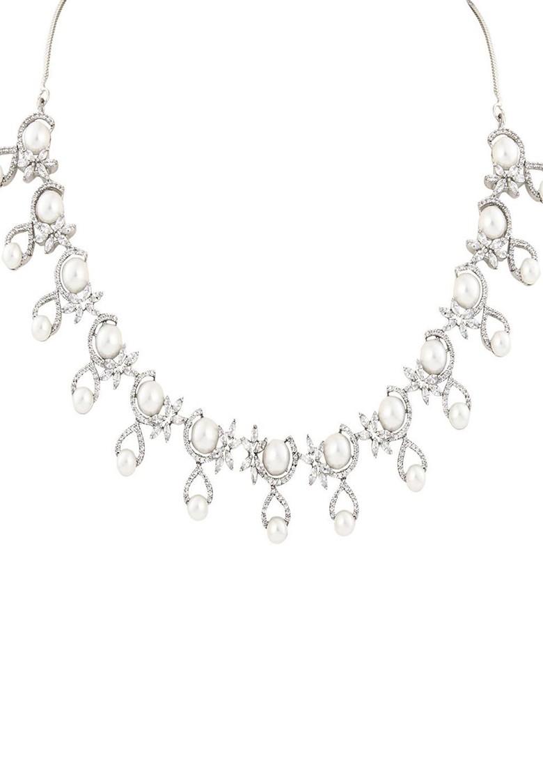 Rhodium Plated Cubic Zirconia Studdedand Pearls Beaded Jewellery Set