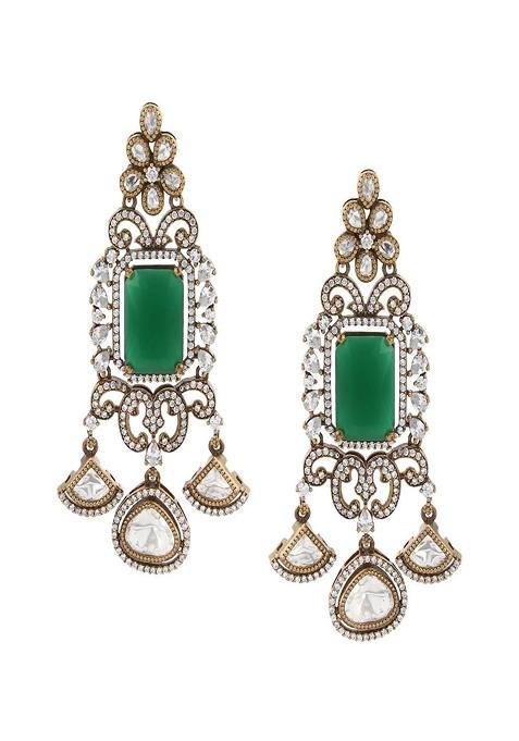 Gold Plated Emerald Studdedand Pearls Beaded Jewellery Set