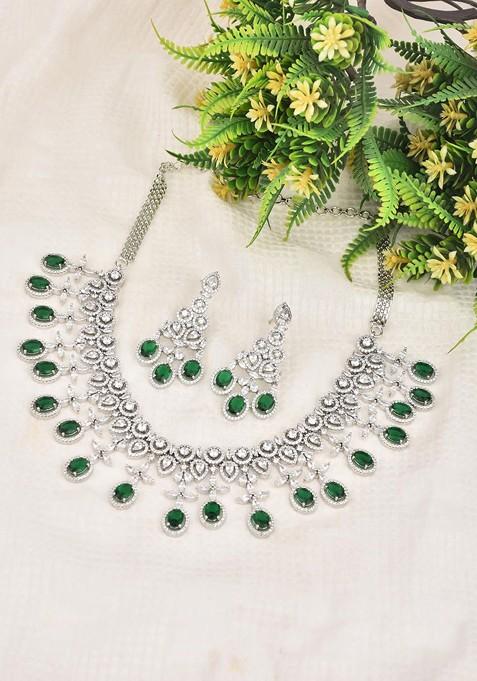 Celestial Rhodium Plated Cubic Zirconia Studded Jewellery Set