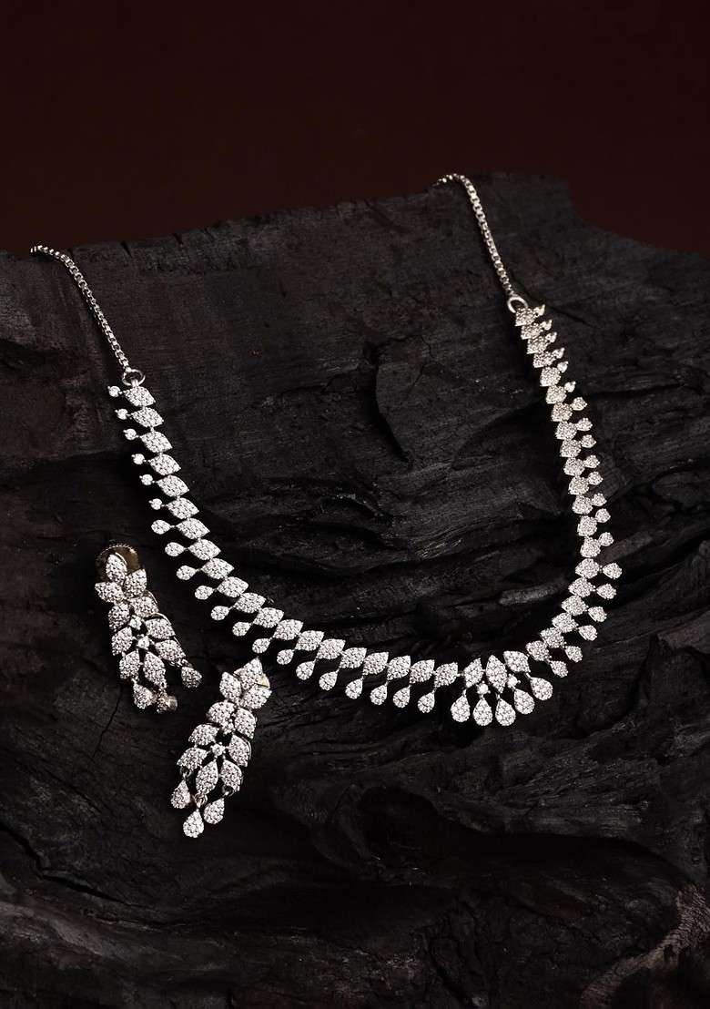 Moonlit Rhodium Plated Diamond Studded Jewellery Set - Indya