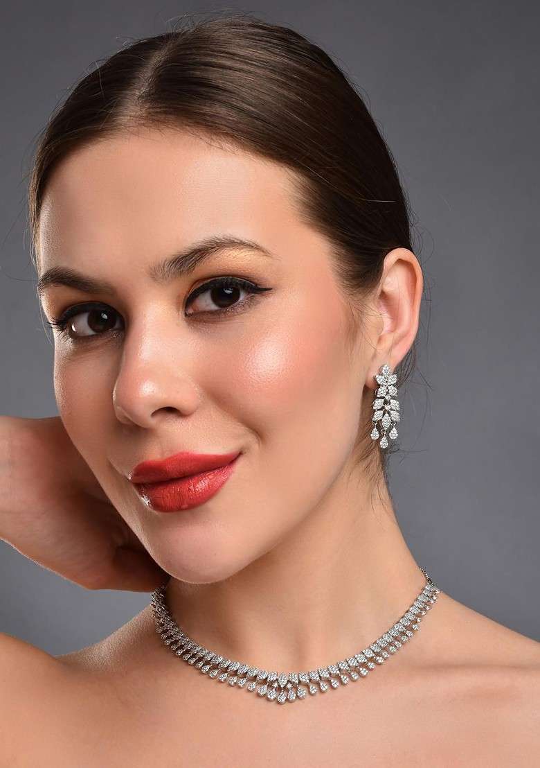 Moonlit Rhodium Plated Diamond Studded Jewellery Set - Indya
