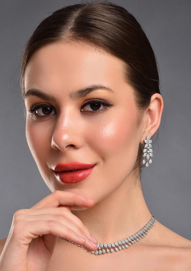 Moonlit Rhodium Plated Diamond Studded Jewellery Set