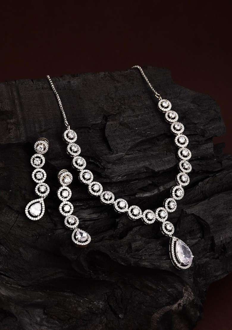 Rhodium Plated Cubic Zirconia Studded Jewellery Set - Indya