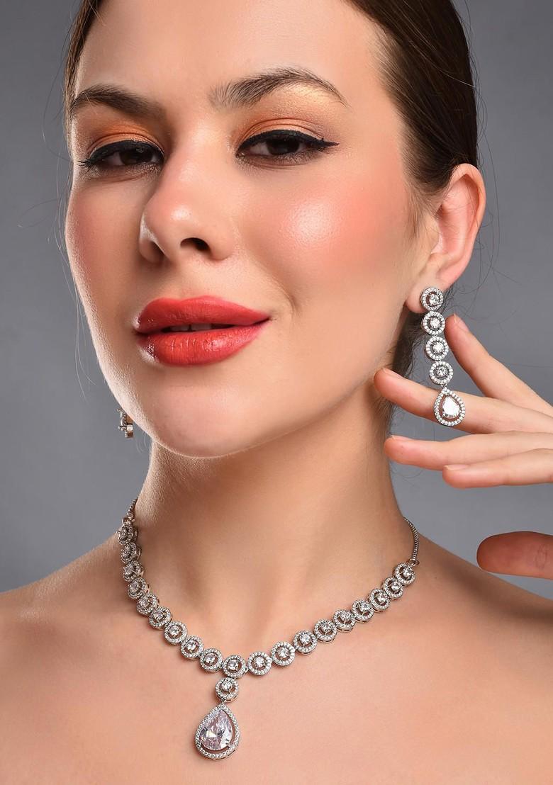 Rhodium Plated Cubic Zirconia Studded Jewellery Set