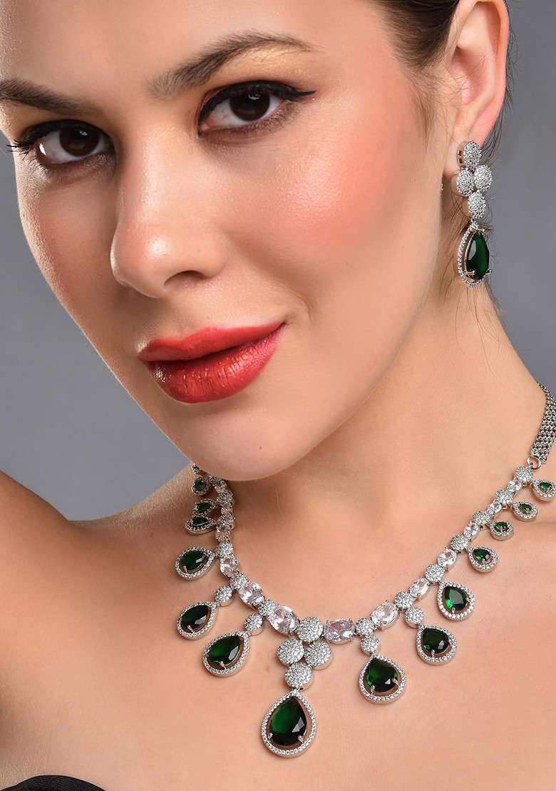 Rhodium Plated Cubic Zirconia Studded Jewellery Set - Indya