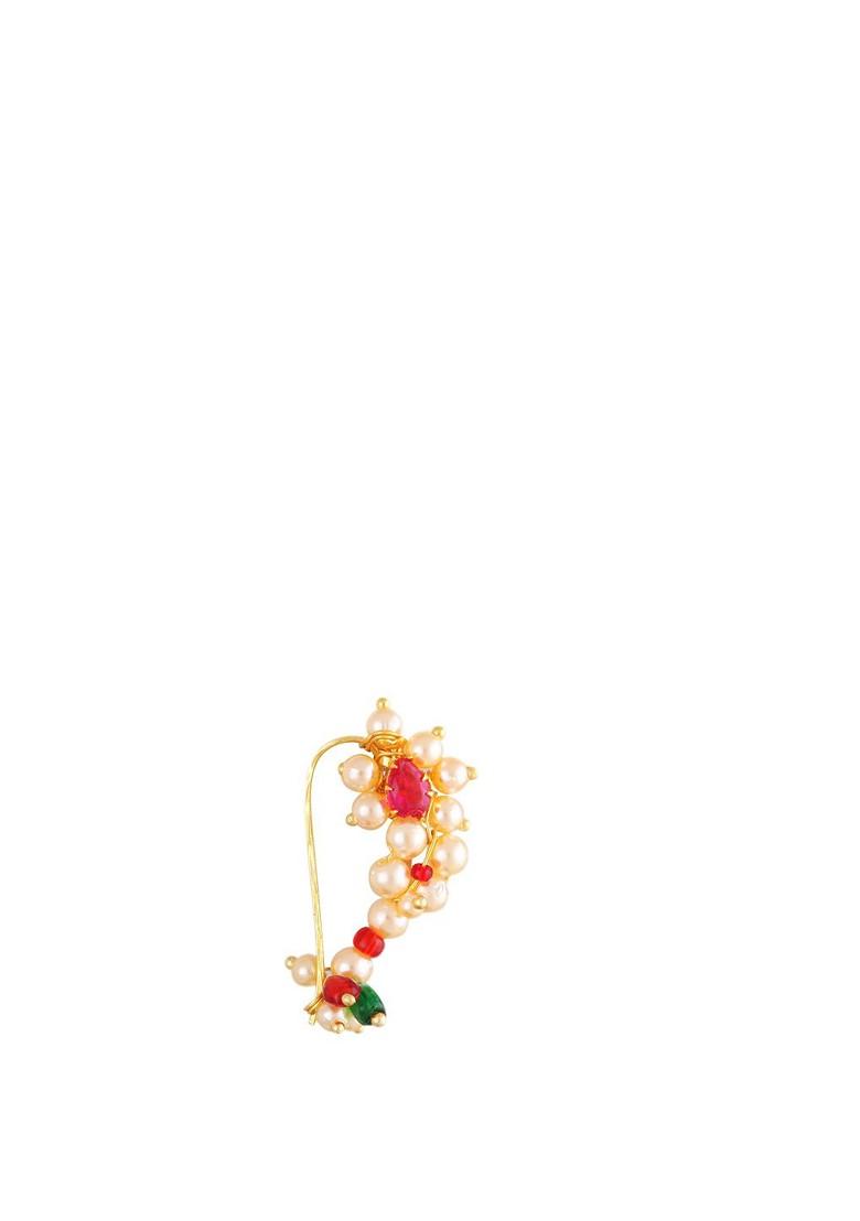 Gold Plated Gold Plated Stones Studdedand Pearls Beaded Nose Ring With Earrings