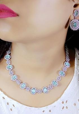 Silver Plated Ad Stone Studded And Beaded Jewellery Set