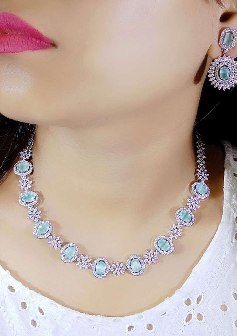 Silver Plated Ad Stone Studded And Beaded Jewellery Set - Indya