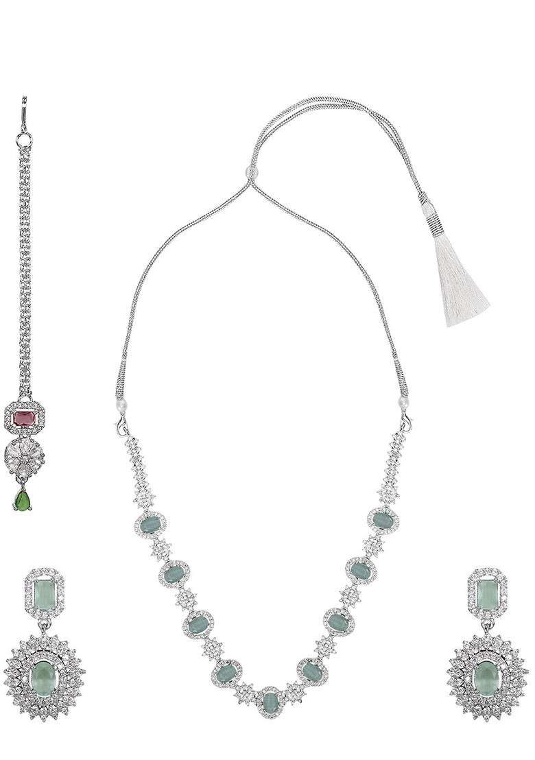 Silver Plated Ad Stone Studded And Beaded Jewellery Set - Indya