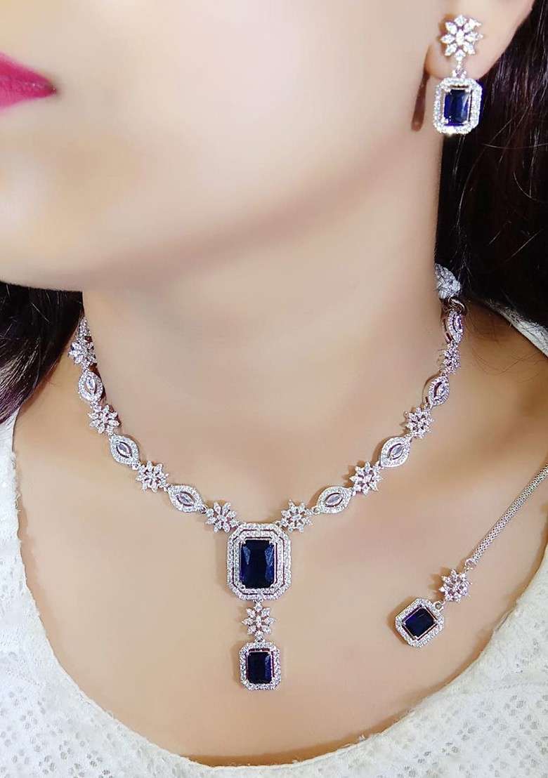 Silver Plated American Diamond Stone Studded Jewellery Set - Indya