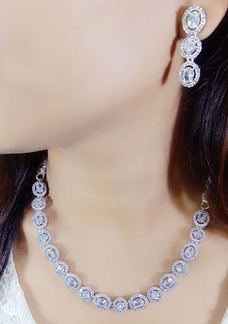 Silver Plated American Diamond Stone Studded Jewellery Set - Indya