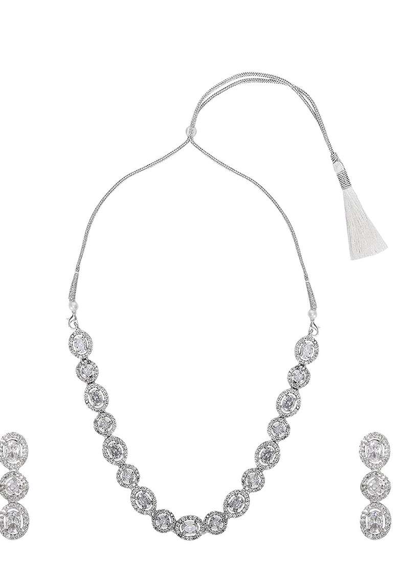 Silver Plated American Diamond Stone Studded Jewellery Set - Indya