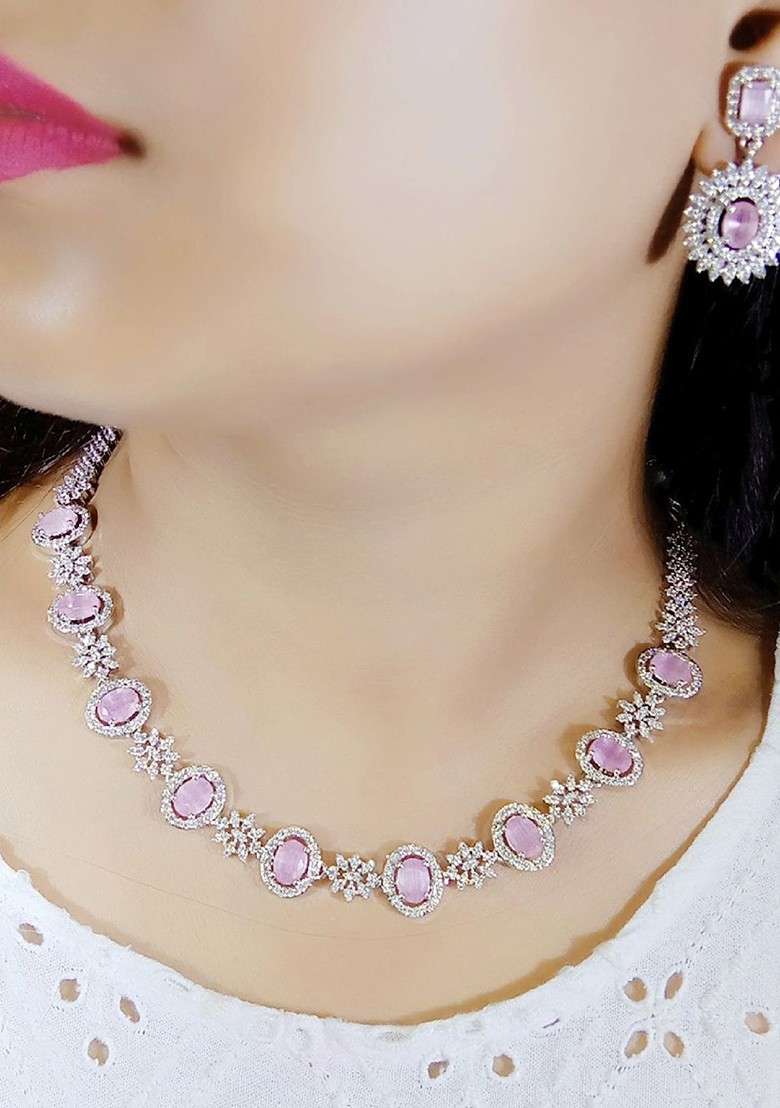 Pink Silver Plated American Diamond Stone Studded Jewellery Set - Indya
