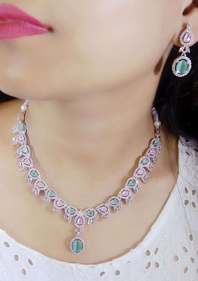 Silver Plated American Diamond Stone Studded Jewellery Set - Indya