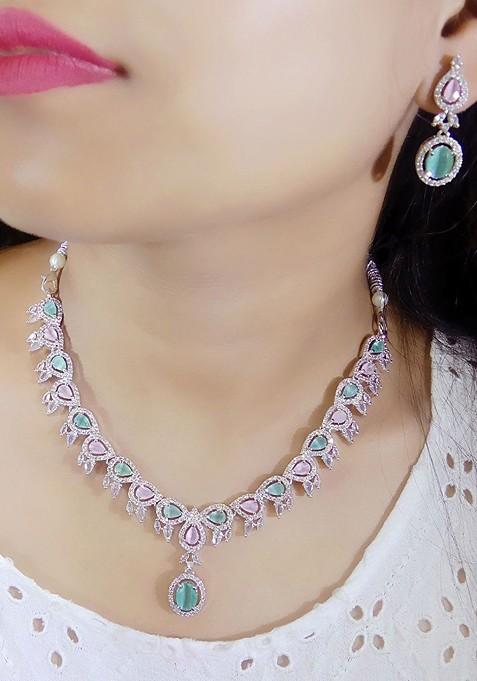 Silver Plated American Diamond Stone Studded Jewellery Set