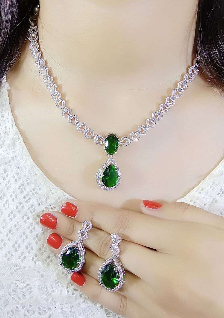Silver Plated Ad Studded Jewellery Set - Indya