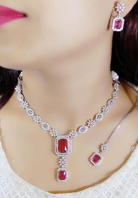 Silver Plated American Diamond Studded Jewellery Set