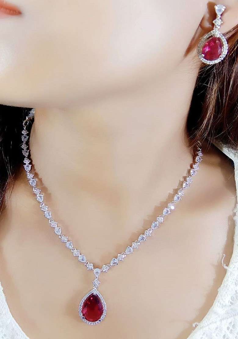 Silver Plated American Diamond Studded Jewellery Set - Indya