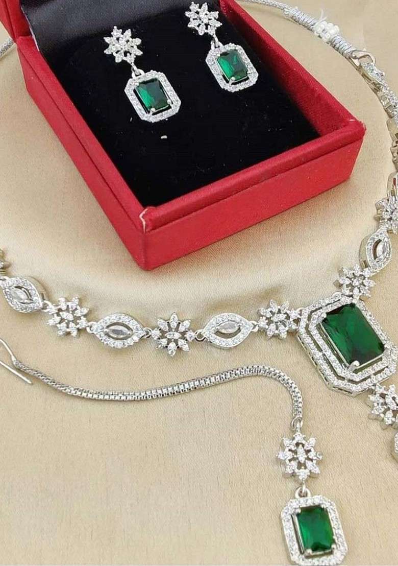 Silver Plated American Diamond Stone Studded Jewellery Set - Indya