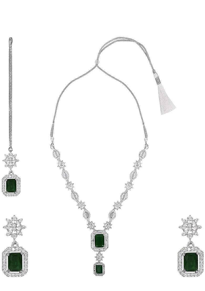Silver Plated American Diamond Stone Studded Jewellery Set - Indya