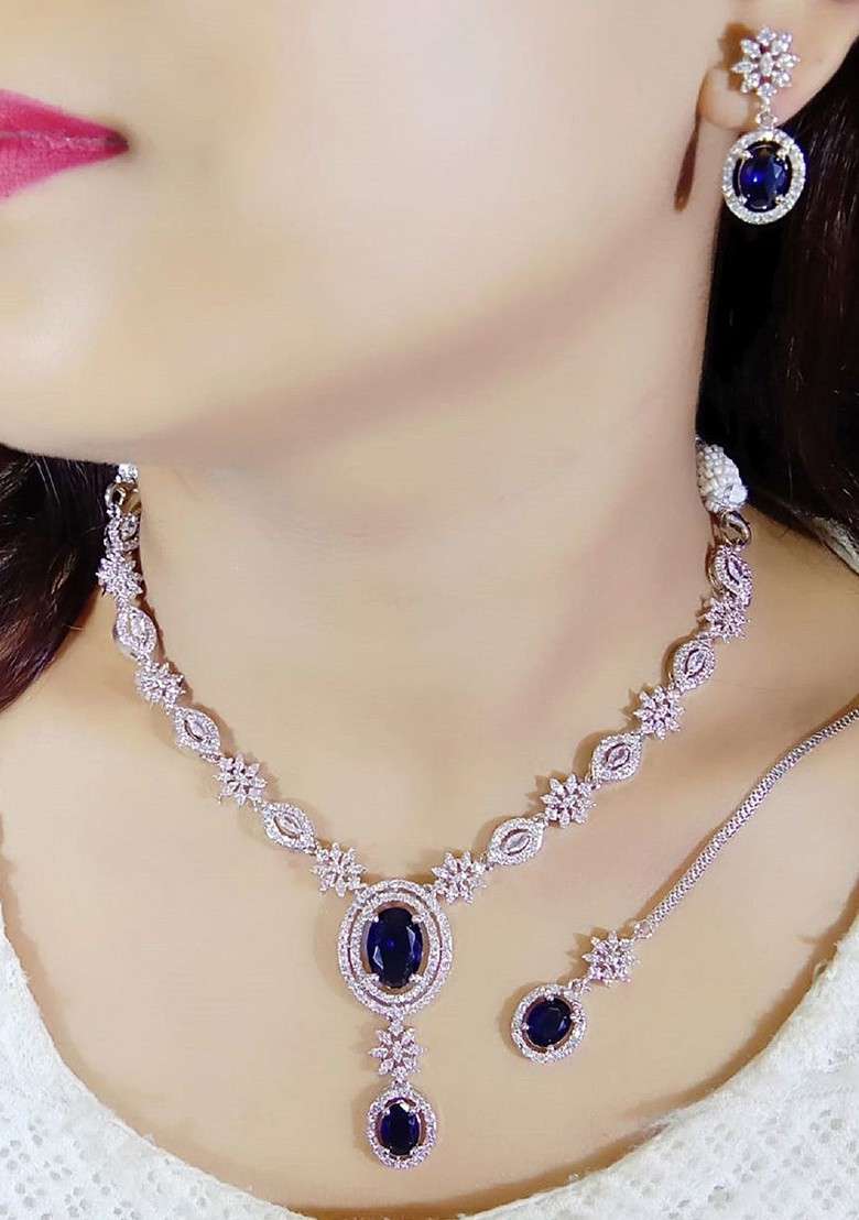 Silver Plated American Diamond Studded Jewellery Set - Indya
