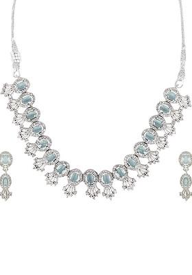 Green Silver Plated Sea Green American Diamond Studded Jewellery Set
