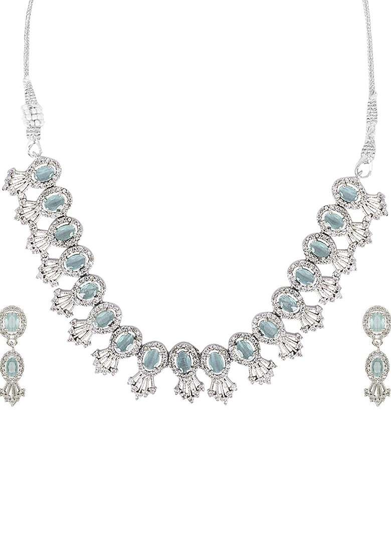 Green Silver Plated Sea Green American Diamond Studded Jewellery Set - Indya