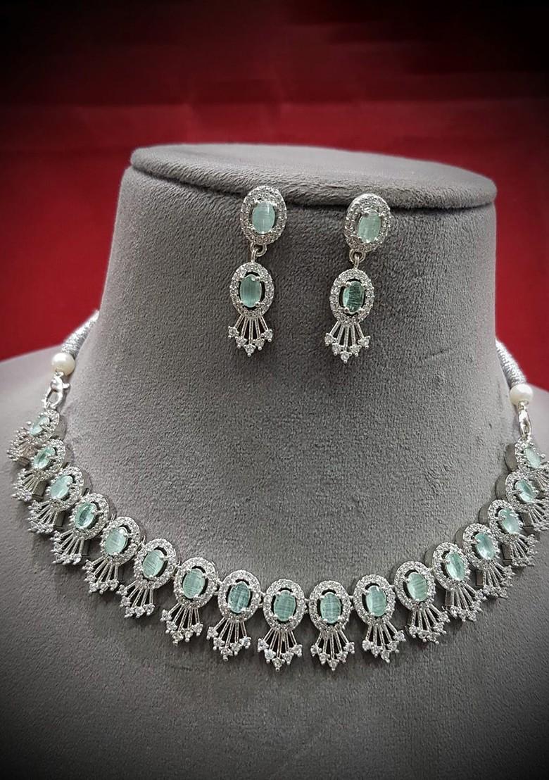 Green Silver Plated Sea Green American Diamond Studded Jewellery Set