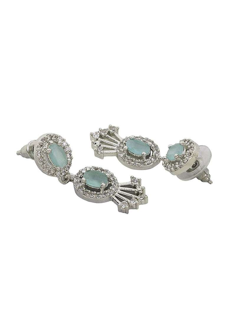 Green Silver Plated Sea Green American Diamond Studded Jewellery Set - Indya