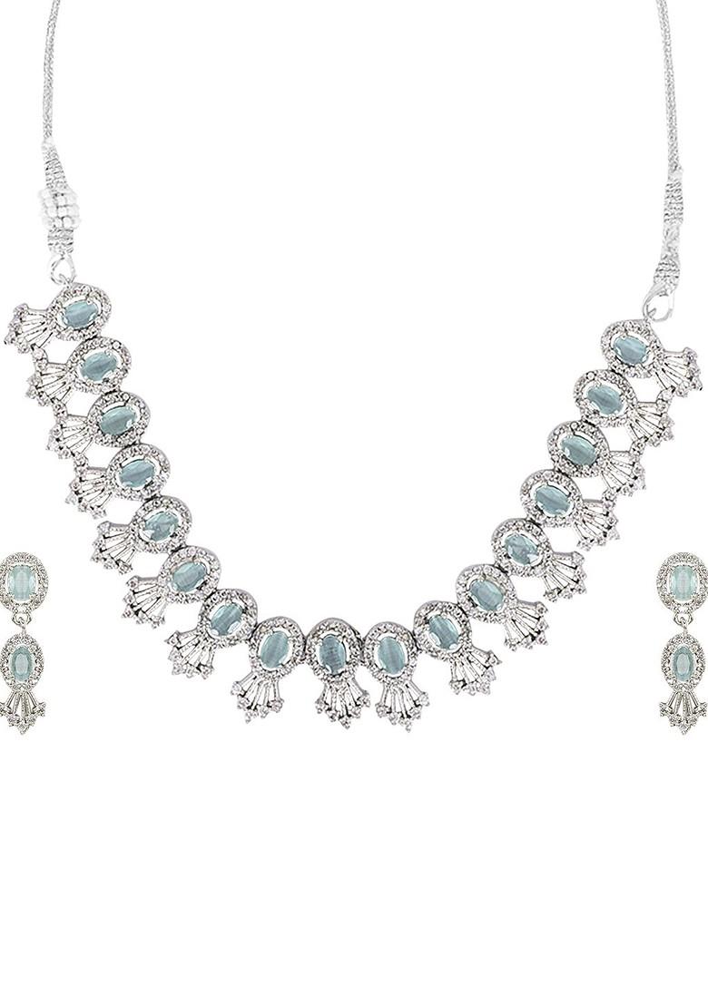 Green Silver Plated Sea Green American Diamond Studded Jewellery Set