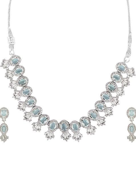 Green Silver Plated Sea Green American Diamond Studded Jewellery Set