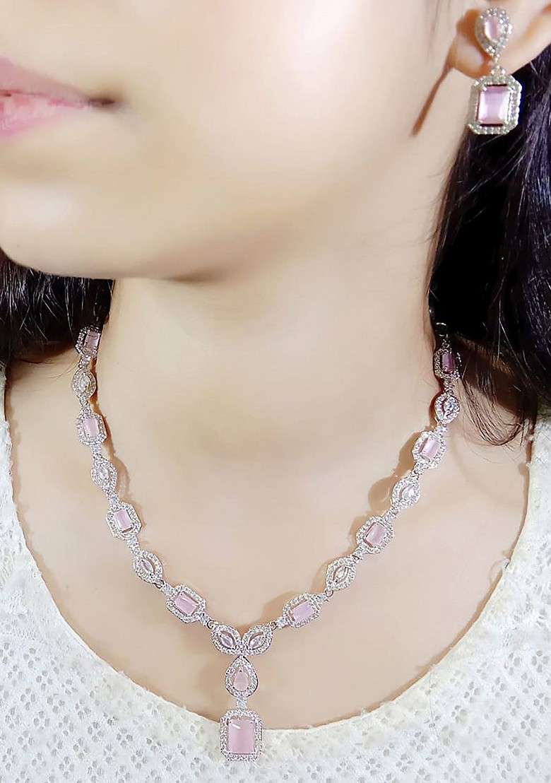 Silver Plated Ad Stone Studded Jewellery Set - Indya