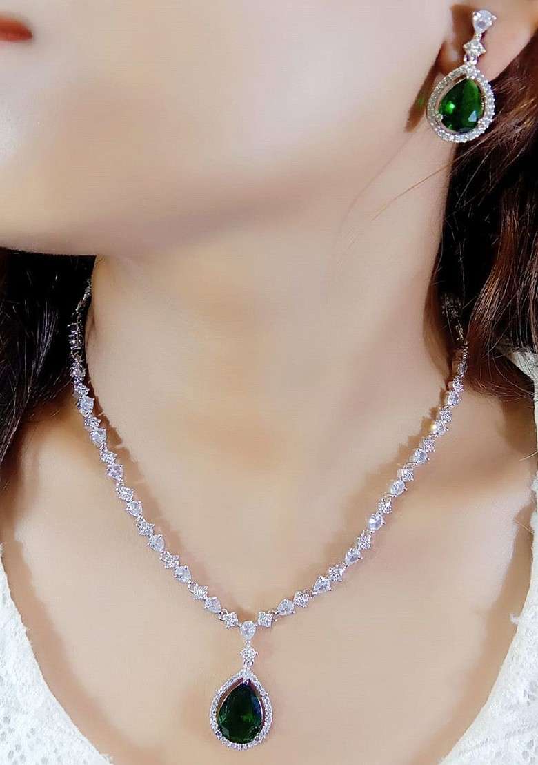 Silver Plated American Diamond Studded Jewellery Set - Indya
