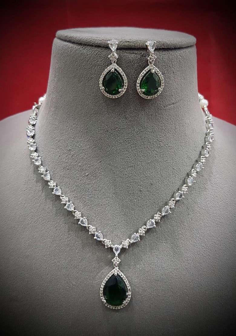 Silver Plated American Diamond Studded Jewellery Set - Indya