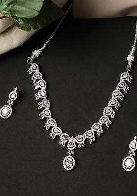 Silver Plated Ad Stone Studded Necklace And Earrings