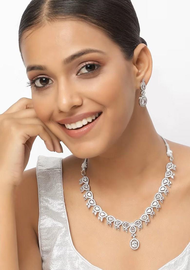 Silver Plated Ad Stone Studded Necklace And Earrings