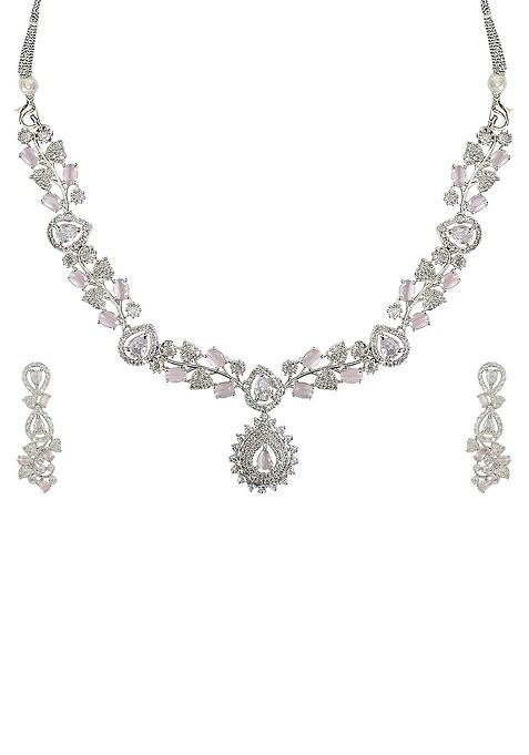 Pink Silver Plated American Diamond Elegant Jewellery Set