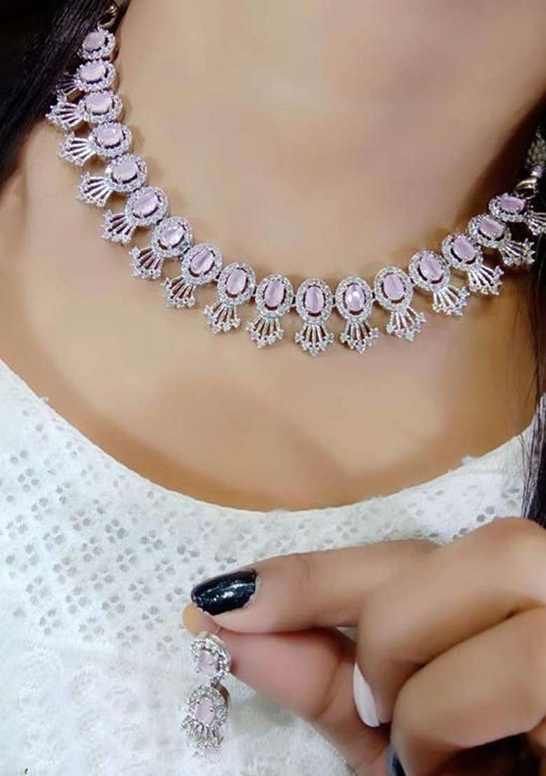 Silver Plated American Diamond Studded Elegant Jewellery Set - Indya