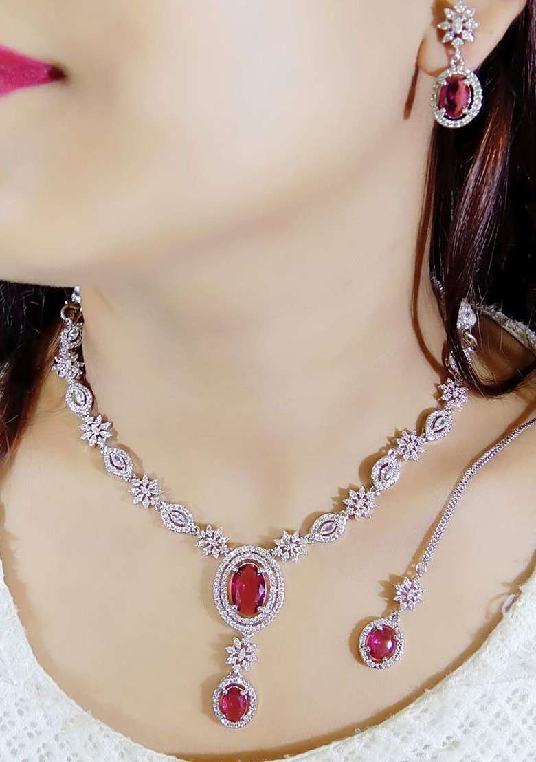Silver Plated And American Diamond Studded Jewellery Set - Indya