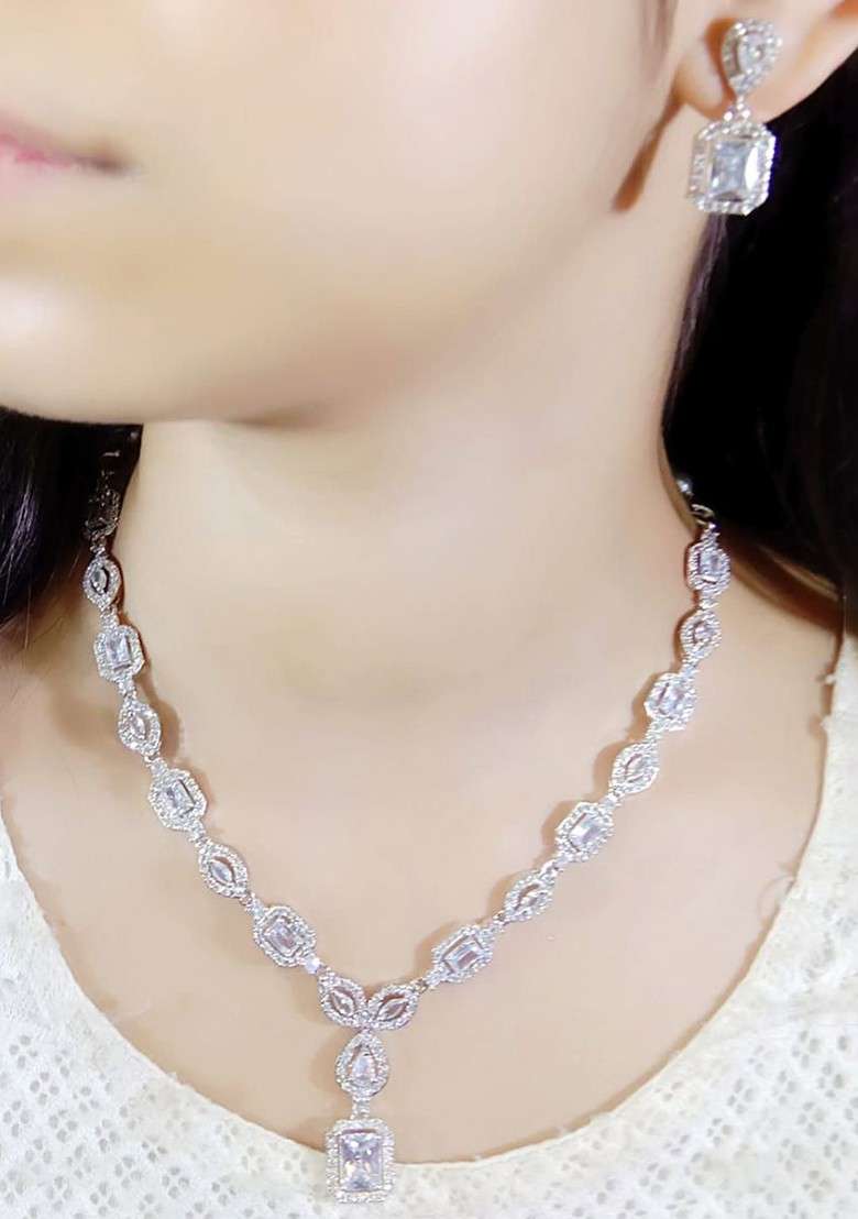 Silver Plated American Diamond Studded Jewellery Set - Indya