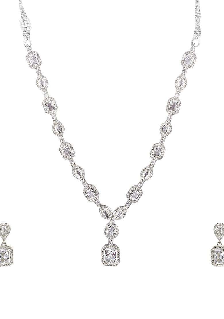 Silver Plated American Diamond Studded Jewellery Set - Indya
